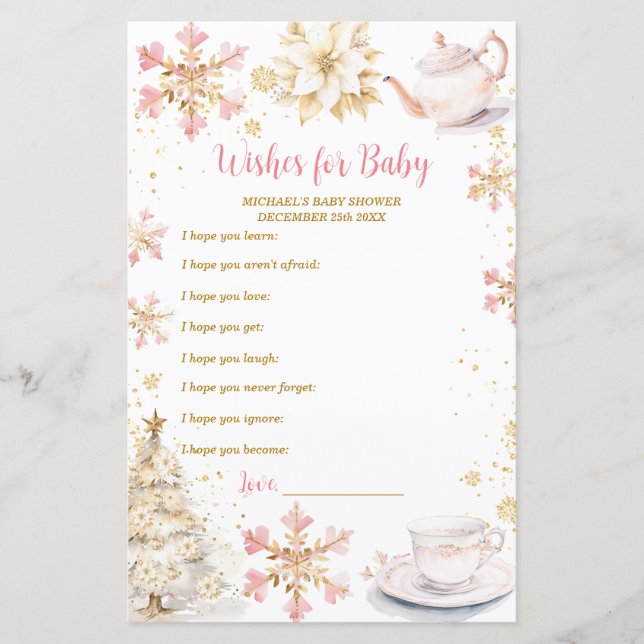 Lámina Pink Winter Tea Party Baby Shower Wishes for Baby (Anverso)