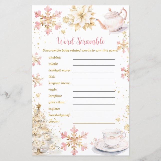 Lámina Pink Winter Tea Party Baby Shower Word Scramble (Anverso)