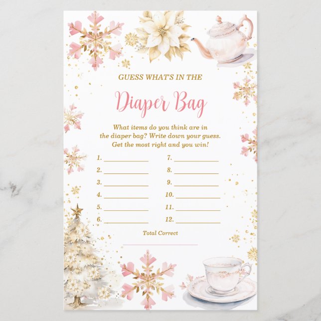 Lámina Pink Winter Tea Party What's in Diaper Bag Game (Anverso)