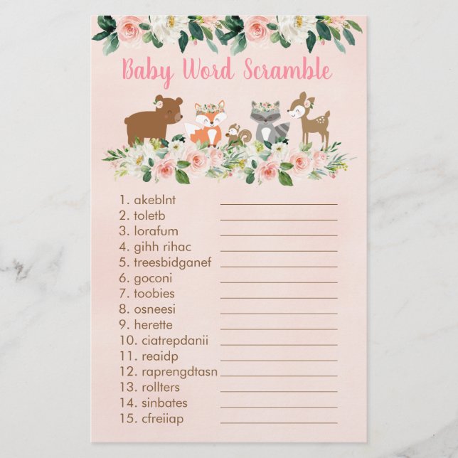 Lámina Pink Woodland Floral Baby Word Scramble Game (Anverso)