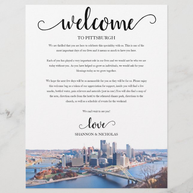 Lámina Pittsburgh Boda Weekend Welcome Itinerary (Anverso)