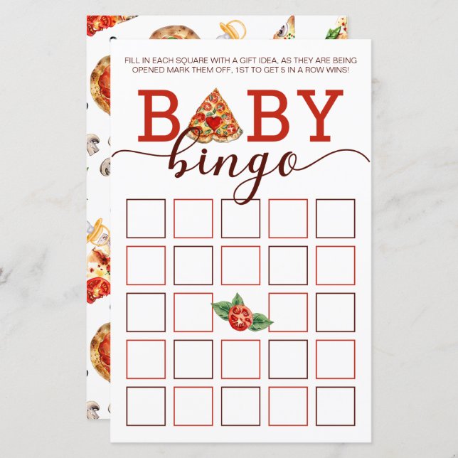 Lámina Pizza Baby Shower Bingo Game Card | Actividad del  (Anverso / Reverso)