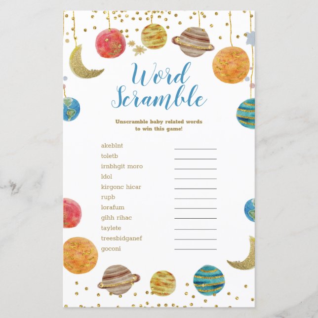 Lámina Planetas Espacio Ultraterrestre Baby Shower Word S (Anverso)