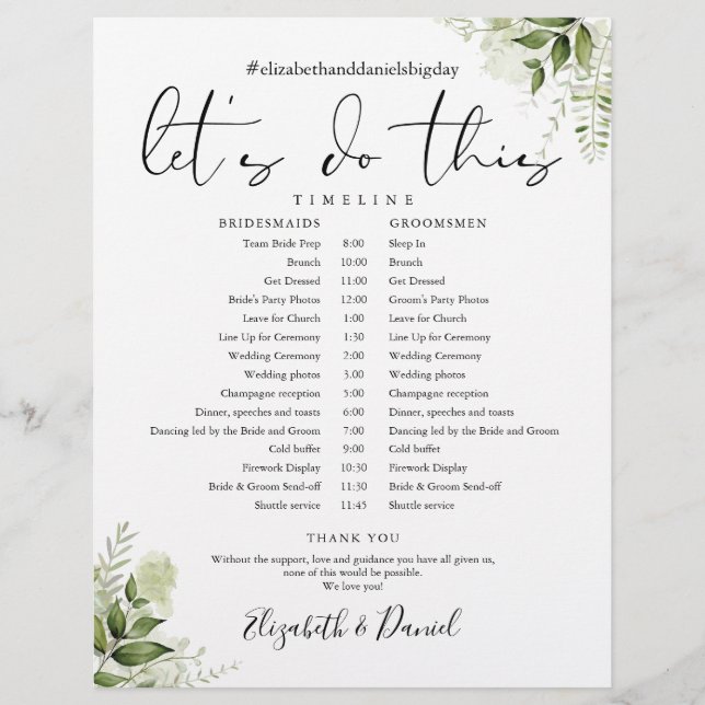 Lámina Plano de tiempo del Boda de follaje floral de vege (Anverso)