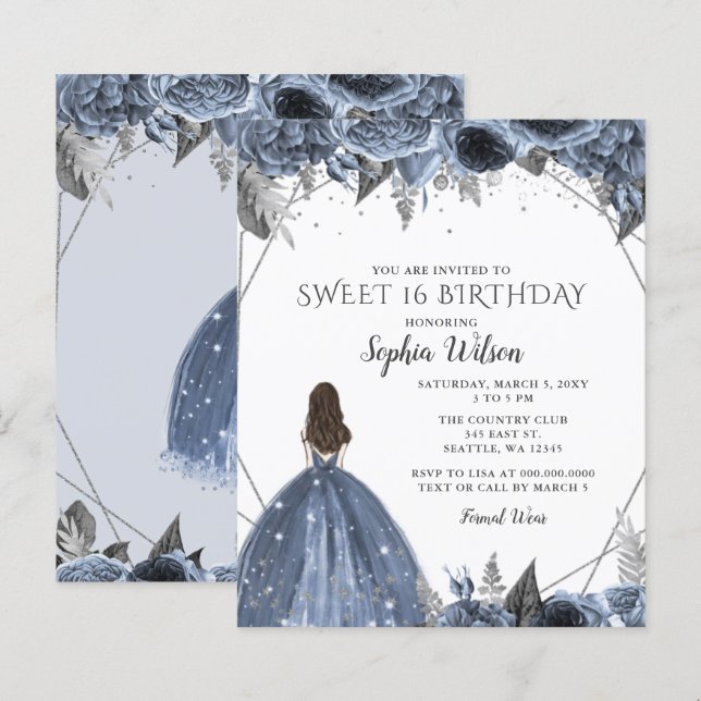 Lámina Plata presupuesto Dusty Blue Dress Sweet 16 Invita (Anverso / Reverso)
