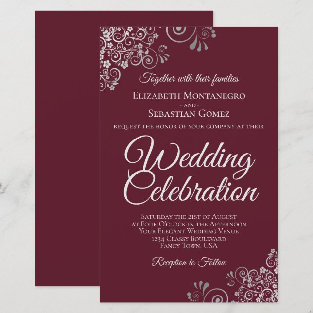 Lámina Plata sobre la invitación a la boda de Borgoña con (Anverso / Reverso)