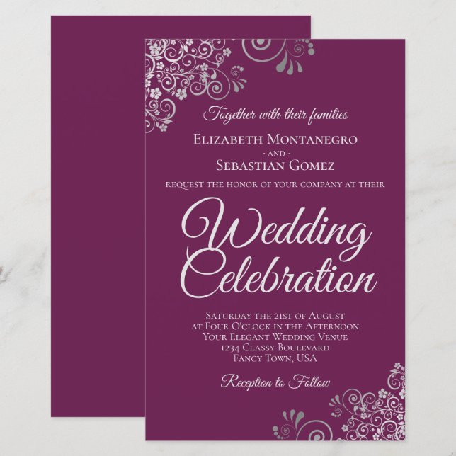Lámina Plata sobre la invitación a la boda Magenta con el (Anverso / Reverso)