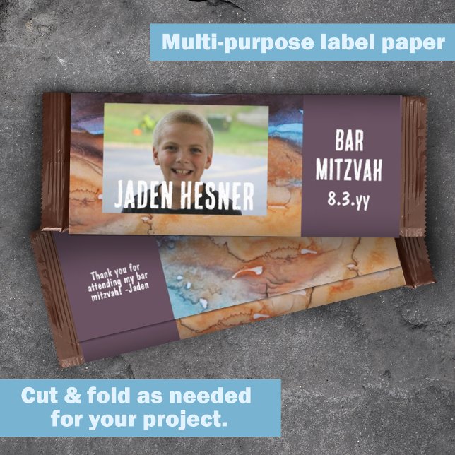 Lámina Plum, Beige Bar Mitzvah Personalizado Candy Bar Wr (bar mitzvah chocolate candy bar wrapper label, beige plum purple DIY budget cheap alternative)