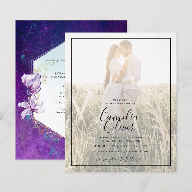 Lámina Plum Purple Floral Photo Overlay Boda (Anverso / Reverso)