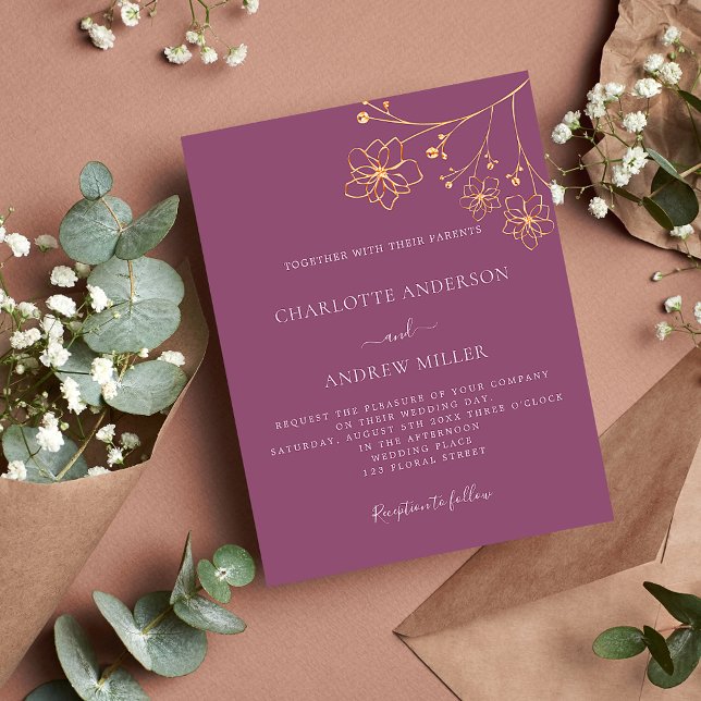Lámina Plum purple gold floral budget wedding invitation (Subido por el creador)