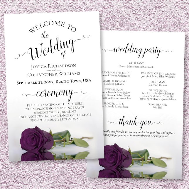 Lámina Plum Purple Rosa Elegant BUDGET Wedding Program (Front/Back)