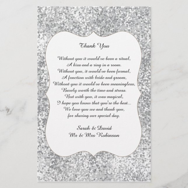 Lámina Poema Boda Purpurina Plata Gracias Rastreo Favor (Anverso)