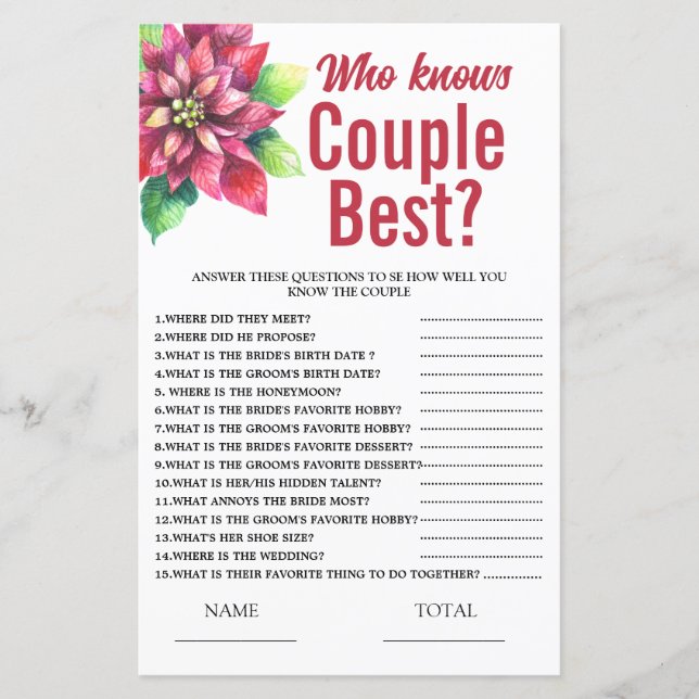 Lámina Poinsettia Who knows Couple  Bridal Shower Game (Anverso)