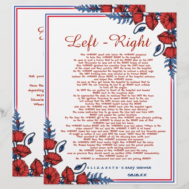 Lámina Poppy Floral Baby Shower a la izquierda - a la der (Anverso / Reverso)