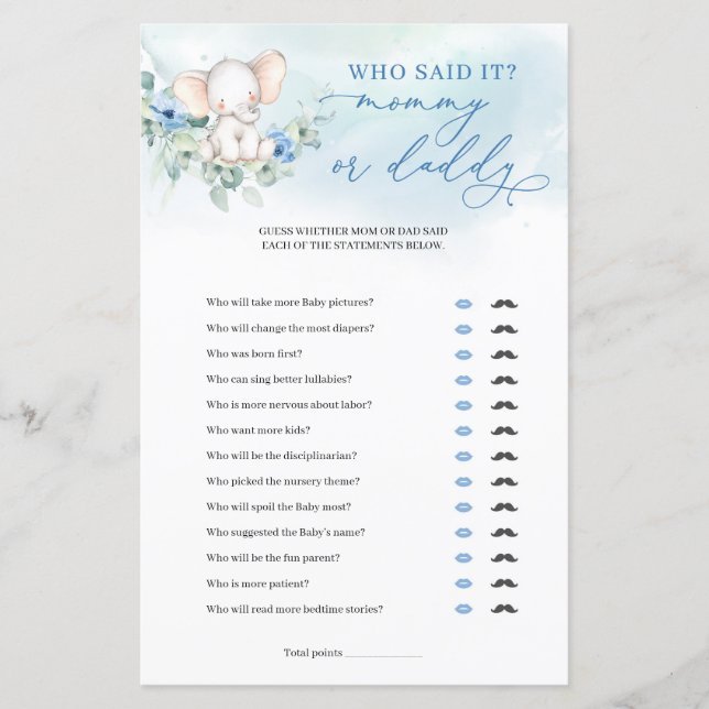 Lámina Popular elefante polvoriento azul floral Mami o Pa (Anverso)