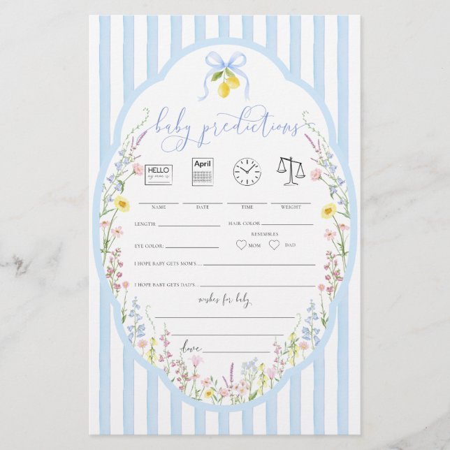Lámina Posey Wildflowers Blue Bow Baby Predictions Game (Anverso)