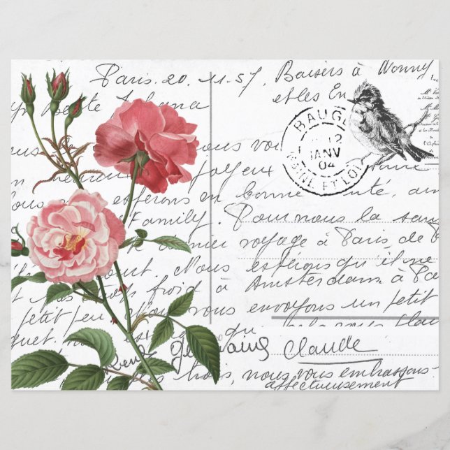 Lámina Postal de pájaro Rosa de escritura francesa (Anverso)