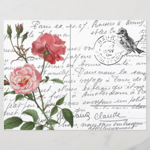 Lámina Postal de pájaro Rosa de escritura francesa