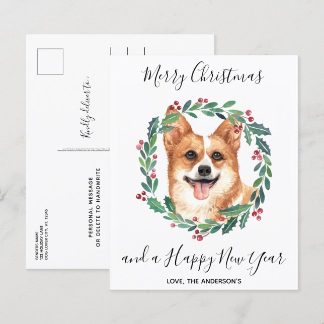 Lámina Postal navideña de merry de perro de Corgi galés p (Anverso / Reverso)