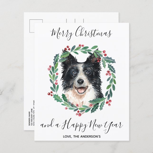 Lámina Postal navideña de merry Merry Border Collie Dog (Anverso / Reverso)