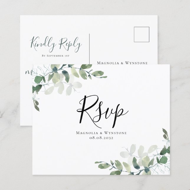 Lámina Postal RSVP de boda de eucalipto de presupuesto (Anverso / Reverso)
