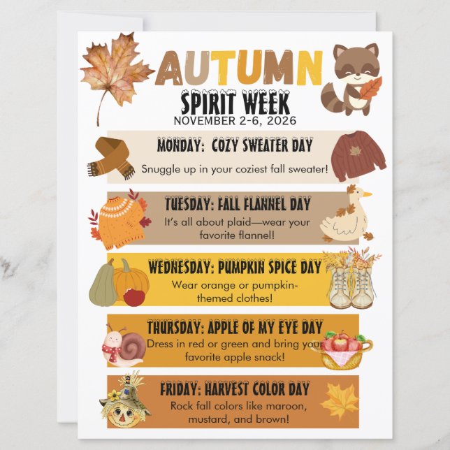 Lámina Póster de la Semana del Espíritu Escolar de Otoño  (Anverso)