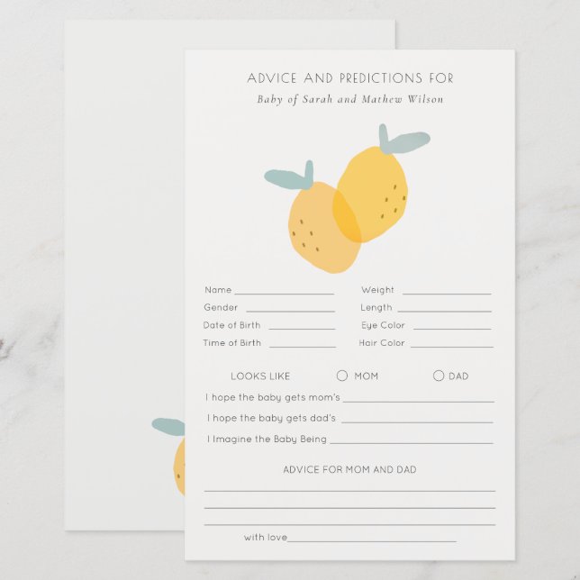 Lámina Predicción de consejos de Baby Shower de cítricos  (Anverso / Reverso)