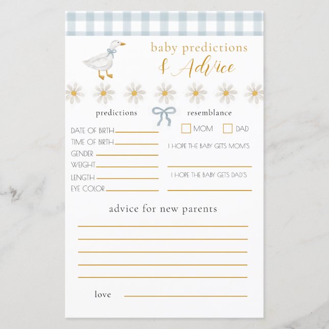 Lámina Predicción de consejos para bebé con gingham azul  (Anverso)