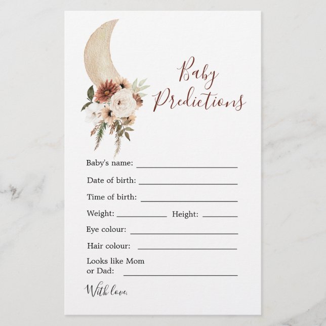 Lámina Predicción del bebé de Boho Beige Moon Baby Shower (Anverso)