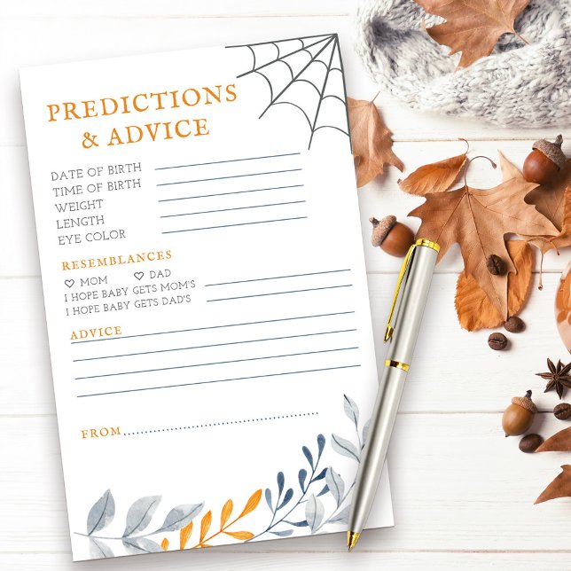 Lámina Predicciones Consejos Halloween Actividad de Baby  (Predictions & Advice halloween themed baby shower activity with fall leaves and cobweb)
