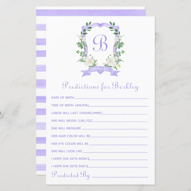 Lámina Predicciones de bebé de Escudo morado floral (Anverso / Reverso)