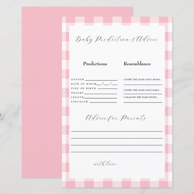 Lámina Predicciones de bebé de Gingham rosa (Anverso / Reverso)