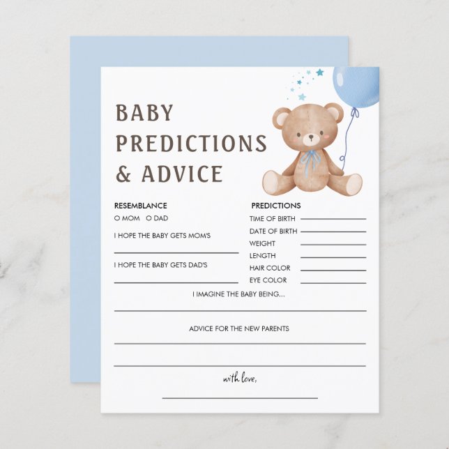 Lámina Predicciones para bebés | Juego de Baby Shower Ted (Anverso / Reverso)
