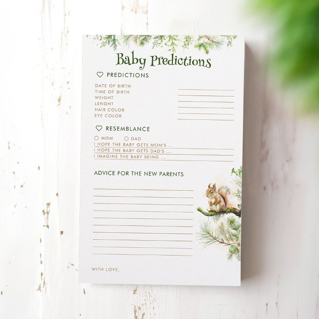 Lámina Predicciones para bebés y consejos a los animales  (Baby Predictions Woodland Animals Themed Game Cards)