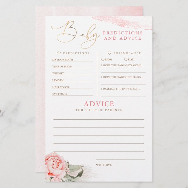 Lámina Predicciones para bebés y juego Baby Shower de con (Anverso / Reverso)