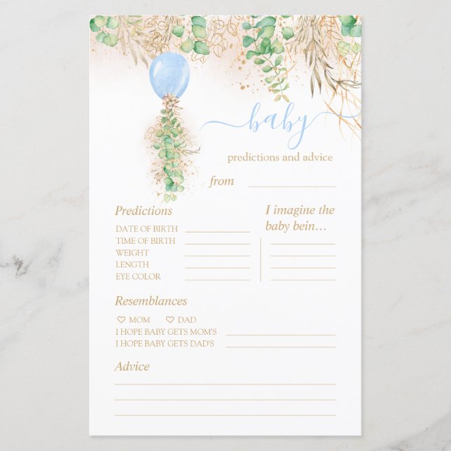 Lámina Predicciones para bebés y juego Baby Shower de con (Anverso)