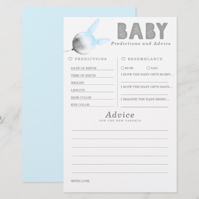 Lámina Predicciones para bebés y juego Baby Shower de con (Anverso / Reverso)