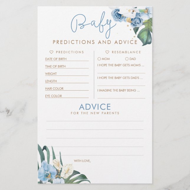 Lámina Predicciones para bebés y juego Baby Shower de con (Anverso)