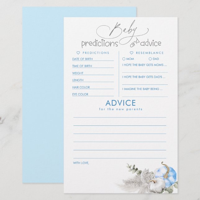 Lámina Predicciones para bebés y juego Baby Shower de con (Anverso / Reverso)