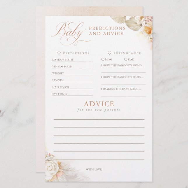 Lámina Predicciones para bebés y juego Baby Shower de con (Anverso / Reverso)