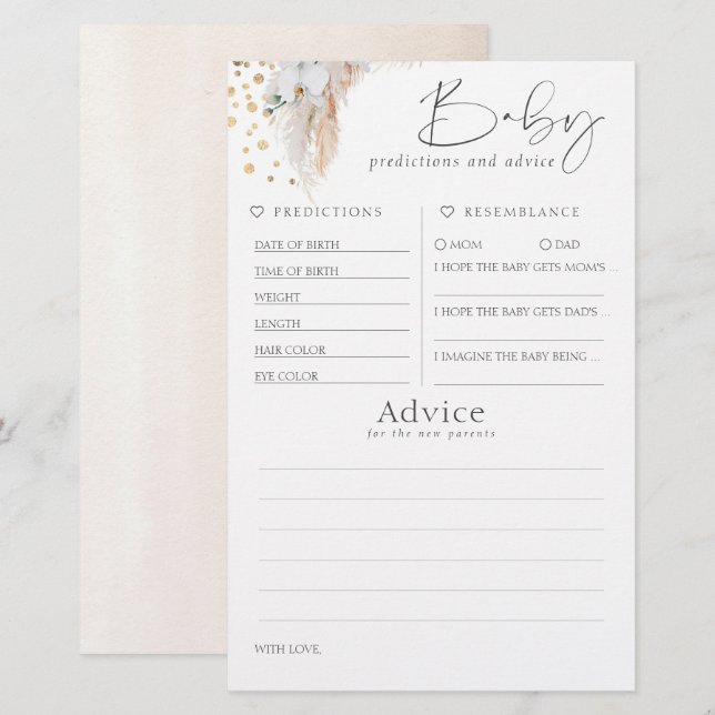 Lámina Predicciones para bebés y juego Baby Shower de con (Anverso / Reverso)