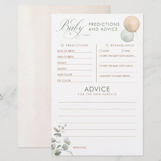 Lámina Predicciones para bebés y juego Baby Shower de con (Anverso / Reverso)