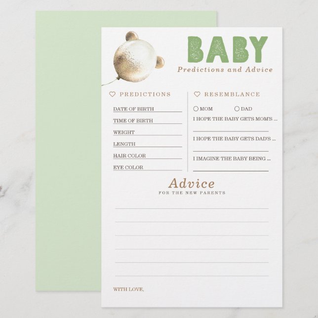 Lámina Predicciones para bebés y juego Baby Shower de con (Anverso / Reverso)