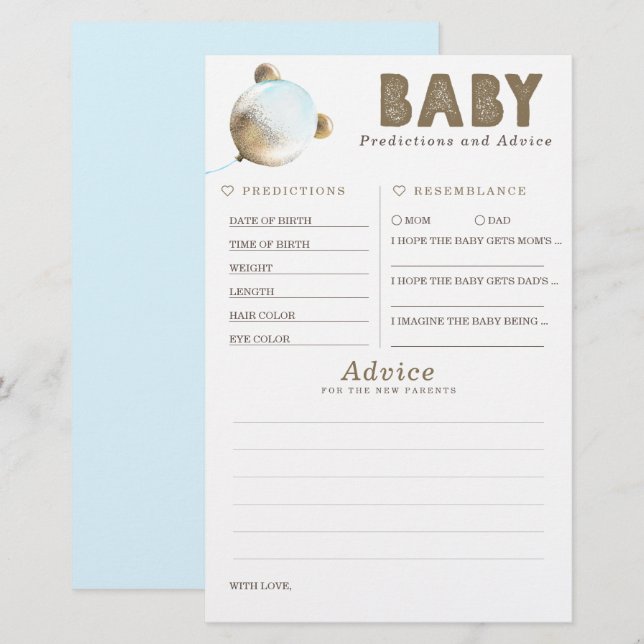 Lámina Predicciones para bebés y juego Baby Shower de con (Anverso / Reverso)