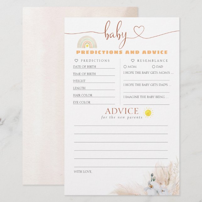 Lámina Predicciones para bebés y juego Baby Shower de con (Anverso / Reverso)