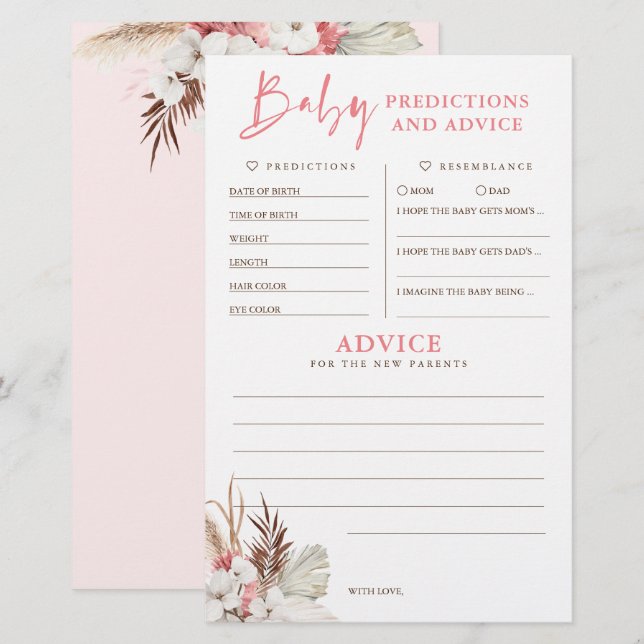 Lámina Predicciones para bebés y juego Baby Shower de con (Anverso / Reverso)