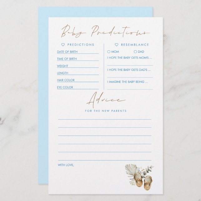 Lámina Predicciones para bebés y juego Baby Shower de con (Anverso / Reverso)