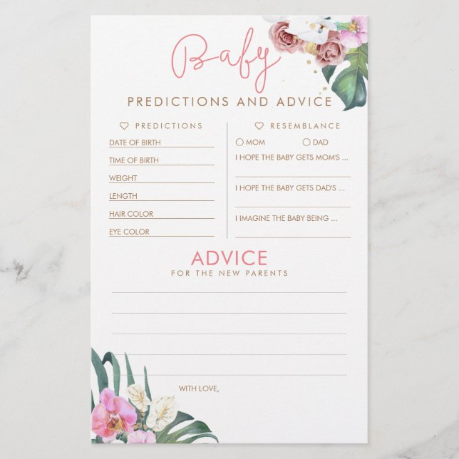 Lámina Predicciones para bebés y juego Baby Shower de con (Anverso)