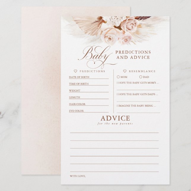 Lámina Predicciones para bebés y juego Baby Shower de con (Anverso / Reverso)