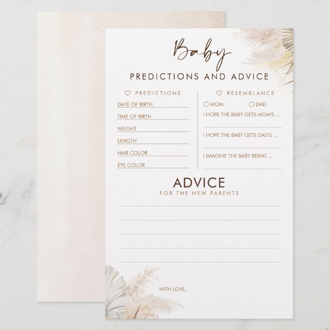 Lámina Predicciones para bebés y juego Baby Shower de con (Anverso / Reverso)